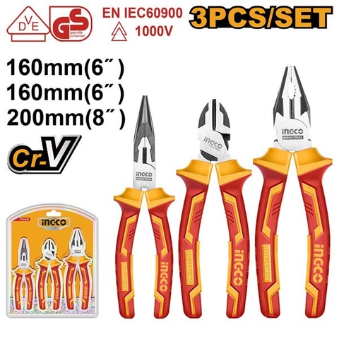 Bộ 3 Kìm Răng, Cắt, Mũi Nhọn Cách Điện Ingco