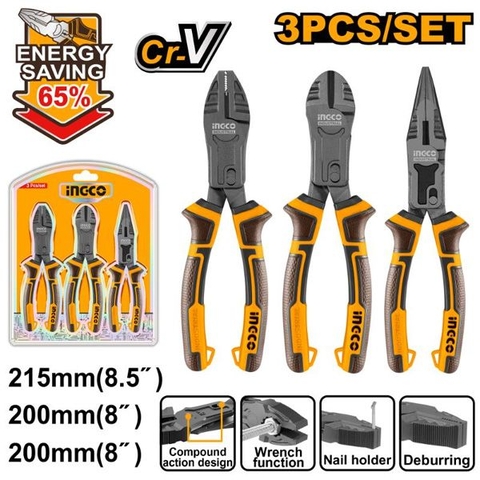 Bộ 3 Kìm Răng, Cắt Và Nhọn Trợ Lực Ingco