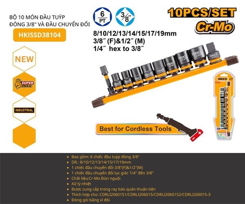 Bộ 10 Đầu Tuýp 3/8 Inch Và Đầu Chuyển INGCO