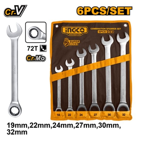 Bộ Cờ Lê Miệng Vòng Tự Động 6 Chi Tiết 19-32mm Ingco