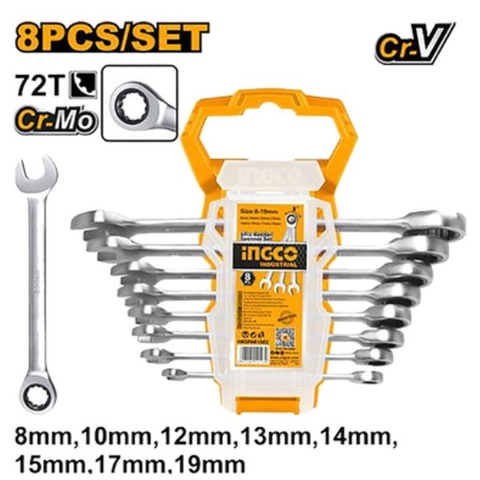 Bộ Cờ Lê Miệng Vòng Tự Động 8 Chi Tiết 8-19mm Ingco