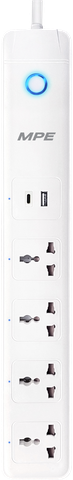 Ổ Cắm Di Động Thông Minh Có USB Type A 5V–2.4A, Type C-PD 22W 220VAC MPE SPS3, 385×59×28mm, 1 Cái/Hộp, 20 Cái/Thùng