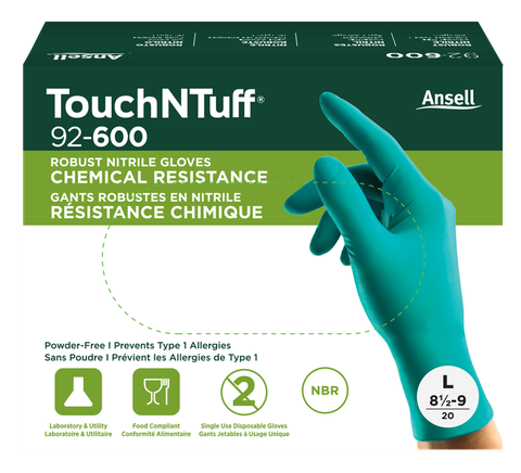 Găng tay Ansell Chống Hoá Chất Dùng 1 Lần TouchNTuff 92 600, Cỡ 2XL, Dài 24cm, 50 Đôi / Hộp, 10 Hộp / Thùng