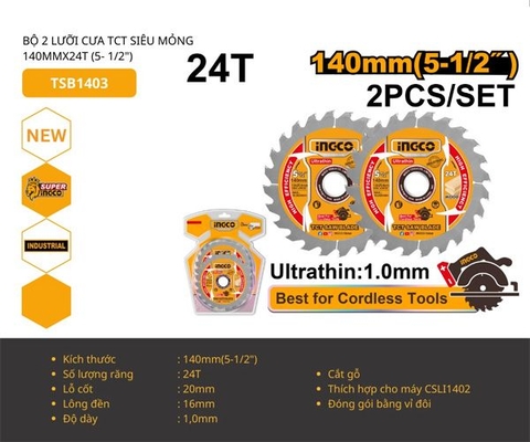 Bộ 2 Lưỡi Cưa TCT Siêu Mỏng 140mmx24t INGCO