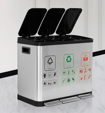 Thùng rác inox đạp chân vuông phủ Nano Cao Cấp 3 ngăn 45L