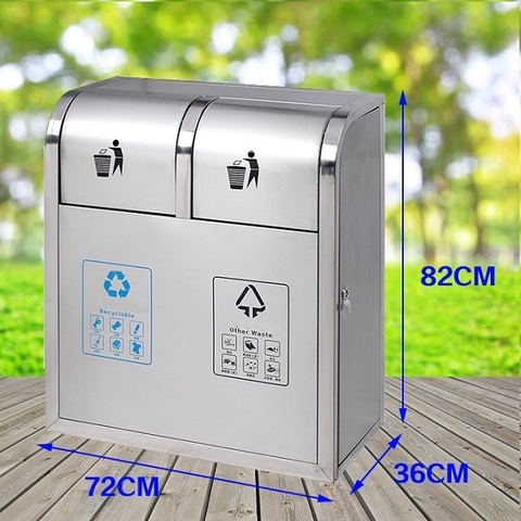 Thùng rác ngoài trời inox 2 ngăn nắp lật bập bênh