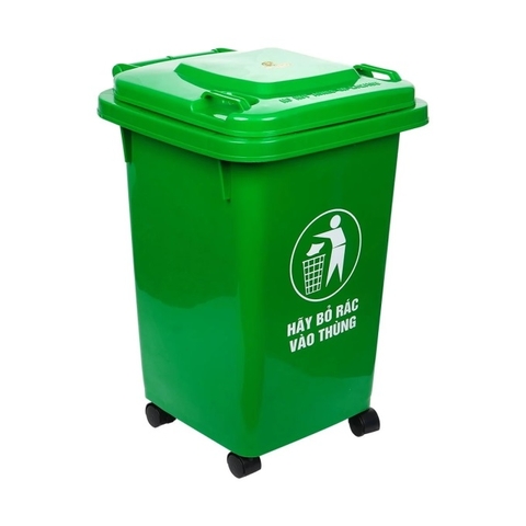 Thùng rác nhựa 60L màu xanh, có bánh xe và nắp đậy