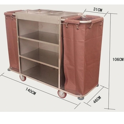 Xe đẩy làm vệ sinh buồng phòng khách sạn inox 2 túi vải E23-B