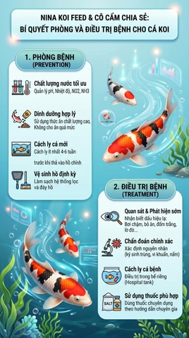 “ĂN ĐÚNG – KOI KHỎE” 👉 Tập trung vào dinh dưỡng, khẩu phần, thời điểm cho ăn và cám Nina Koi.