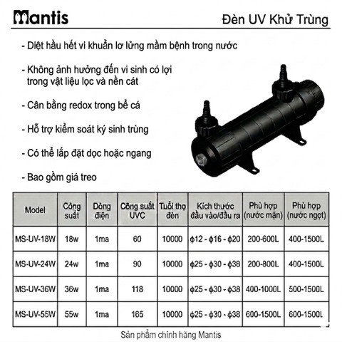 Mantis UV Light Steriliser – Đèn UV Diệt Khuẩn Hồ Cá (18W–55W)