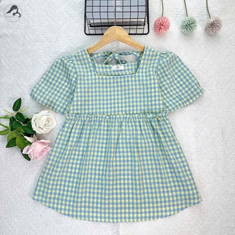 Áo bầu babydoll cho mẹ, mẫu kẻ hồng trẻ trung xinh xắn, cổ vuông, dây buộc nơ dễ thương