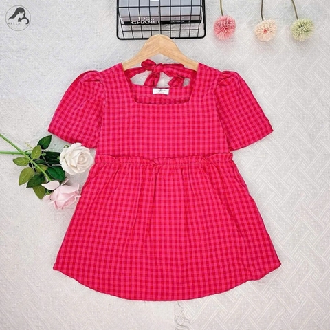 Áo bầu babydoll cho mẹ, mẫu kẻ hồng trẻ trung xinh xắn, cổ vuông, dây buộc nơ dễ thương