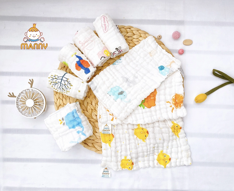 Set 5 Khăn xô Manny 6 lớp Organic cao cấp 30x30cm (họa tiết ngẫu nhiên)
