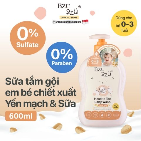 Sữa tắm gội toàn thân cho bé Bzu Bzu chiết xuất yến mạch và sữa 600ml (0M+)