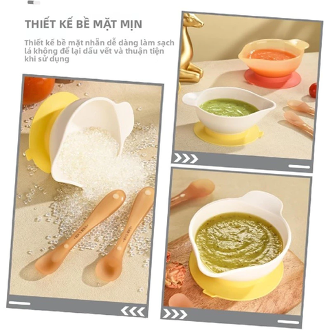 Set bát ăn dặm nhựa đế hít silicone & thìa silicone (màu ngẫu nhiên)