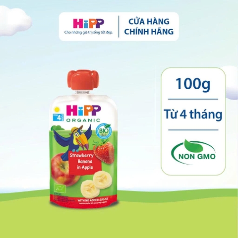 Dinh dưỡng 100% trái cây nghiền hữu cơ HiPPiS Organic vị Dâu tây, Chuối, Táo (4M+)