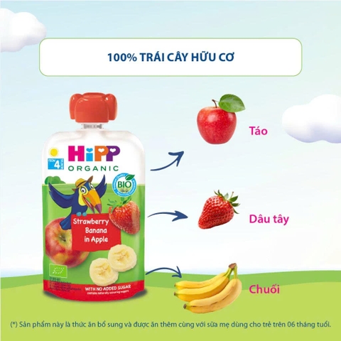 Dinh dưỡng 100% trái cây nghiền hữu cơ HiPPiS Organic vị Dâu tây, Chuối, Táo (4M+)