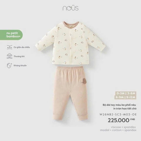 Bộ dài tay màu be phối nâu in tràn họa tiết chó Nous