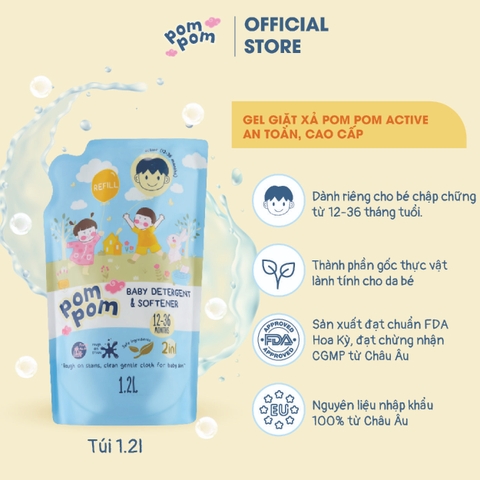 Gel giặt xả Pom Pom Active dành cho bé từ 1 tuổi và cả nhà (túi 1.2L)