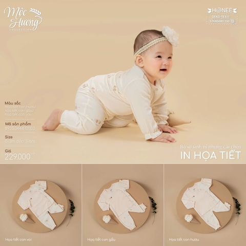 Bộ sơ sinh nỉ nhung cài chéo in họa tiết Honee 0003
