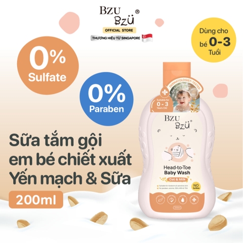 Sữa tắm gội toàn thân cho bé Bzu Bzu 200ml hương yến mạch sữa (0M+)