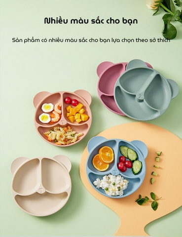 Khay ăn dặm silicon hình gấu có đế hít chống trơn trượt (màu ngẫu nhiên)