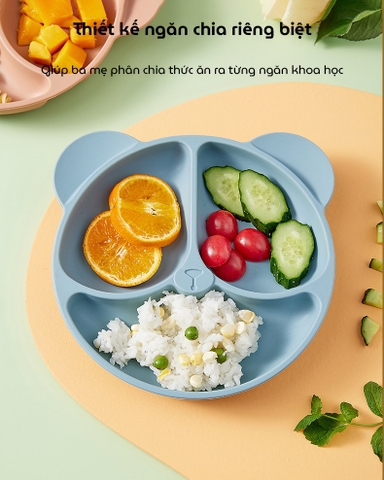 Khay ăn dặm silicon hình gấu có đế hít chống trơn trượt (màu ngẫu nhiên)