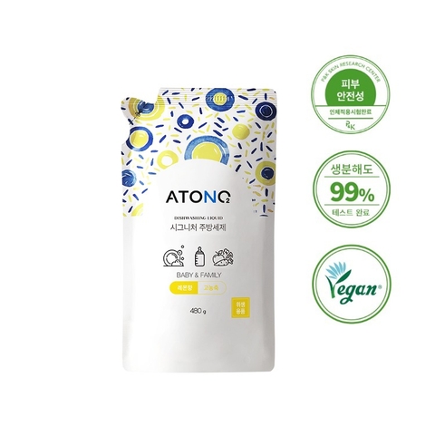 Nước rửa bình sữa,  rau củ quả và chén bát thuần chay đậm đặc Atono2 dạng túi 480ml hương chanh, cho bé từ 0M+