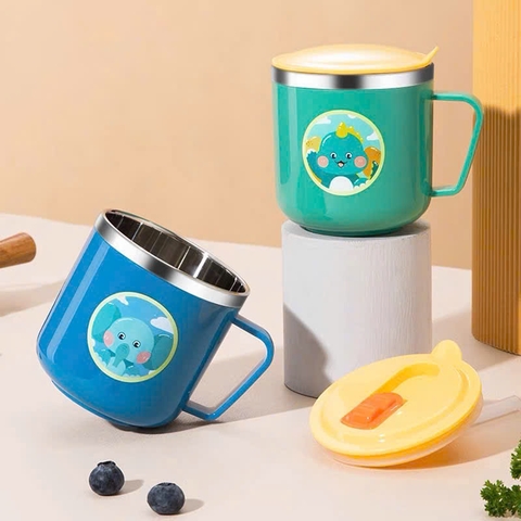 Cốc tập uống hình thú dễ thương màu ngẫu nhiên (ruột inox 304, vỏ nhựa, ống hút silicone)