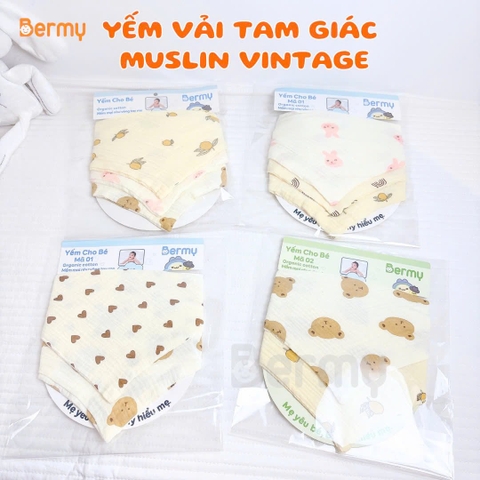 Set 3 yếm tam giác muslin vintage Bermy (họa tiết ngẫu nhiên)