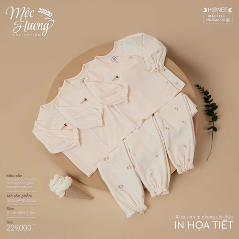 Bộ sơ sinh nỉ nhung cài chéo in họa tiết Honee 0003