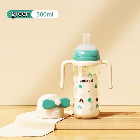 Bình nước tập hút, tập uống Youkebei có tay cầm, ống hút chống sặc 300ml (màu xanh)