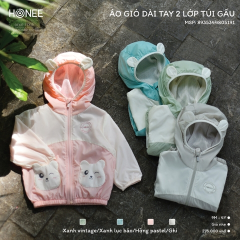 Áo gió dài tay 2 lớp túi gấu Honee