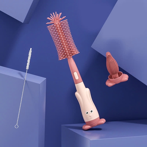Cọ bình sữa silicone 3 chi tiết CK Bebe xoay 360 độ dấp gọn cán hình tai thỏ ( màu ngẫu nhiên)