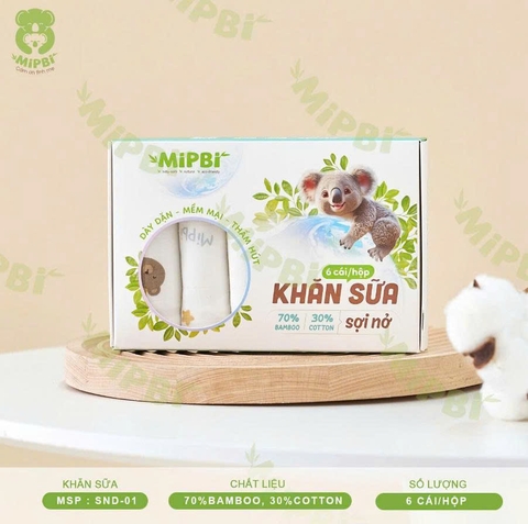 Khăn sữa sợi nở Mipbi 30x30cm (hộp 6 cái)