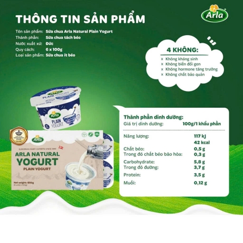 Sữa Chua Nguội Arla vị Tự nhiên - Vỉ 6 Ly x 100g (1Y+)