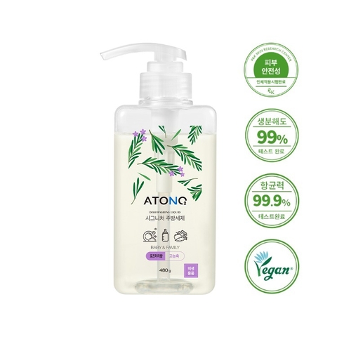 Nước rửa bình sữa, rau củ quả và chén bát thuần chay đậm đặc Atono2 Hương Thảo, cho bé từ 0M+ (chai 480ml)