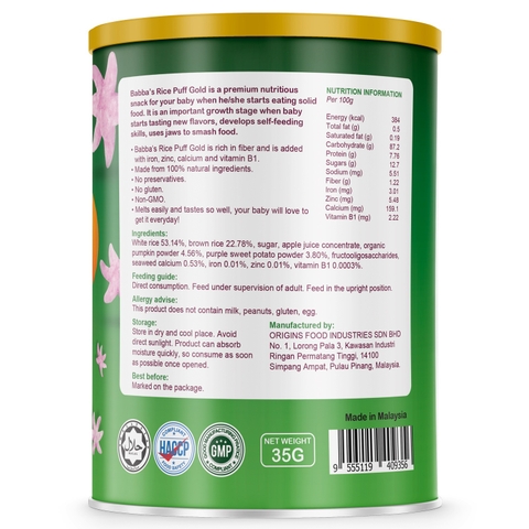 Bánh gạo Babba's Gold Khoai Lang Bí Đỏ 35g (6M+)