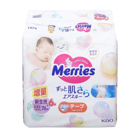 Bỉm - Tã dán Merries NewBorn 76 cộng 6 miếng (cho bé ~5kg)