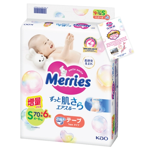 Bỉm - Tã dán Merries size S70 cộng 6 miếng (cho bé 4 - 8kg)