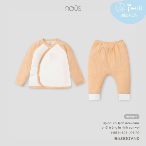 Bộ dài cài lệch Nous New Born màu cam phối trắng in hình con voi