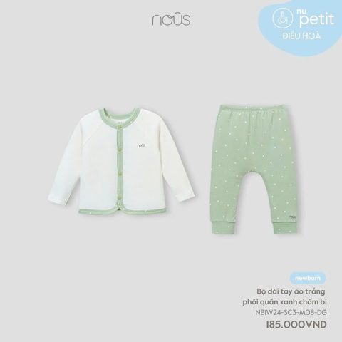 Bộ dài tay Nous New Born áo trắng phối quần xanh chấm bi