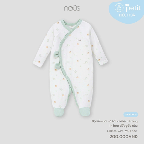 Bộ liền dài Nous có tất cài lệch trắng in họa tiết gấu nâu NB