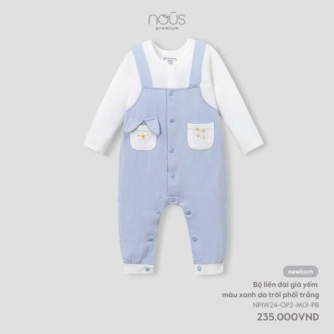 Bộ liền dài giả yếm Nous New Born màu xanh da trời phối trắng