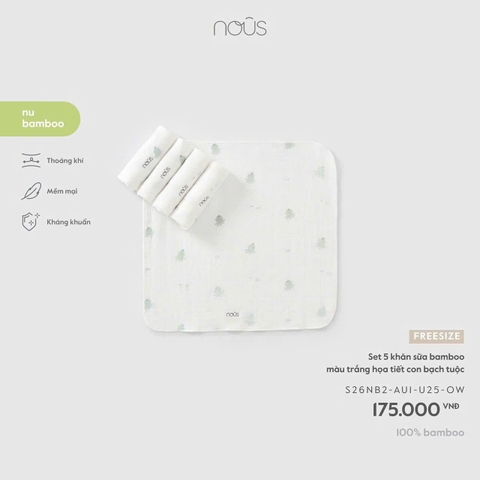 Set 5 khăn sữa bamboo màu trắng in họa tiết Nous