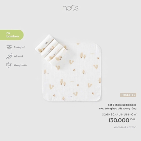 Set 5 khăn sữa bamboo màu trắng in họa tiết Nous