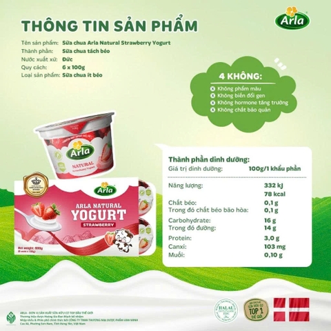 Sữa Chua Nguội Arla vị Dâu Tây - Vỉ 6 Ly x 100g (1Y+)