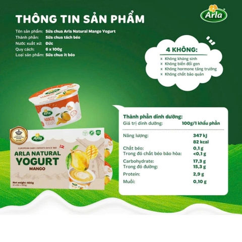 Sữa Chua Nguội Arla vị Xoài - Vỉ 6 Ly x 100g (1Y+)