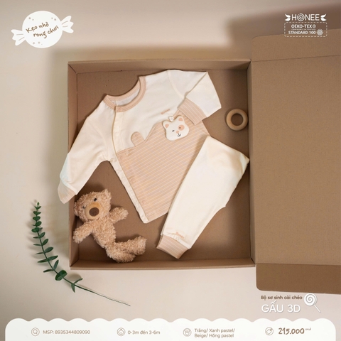 Bộ sơ sinh cài chéo Gấu 3D Honee 9090