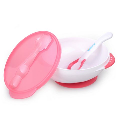 Bộ tô chống trượt kèm muỗng báo nhiệt Kidsme 9832 - Màu Hồng Tím